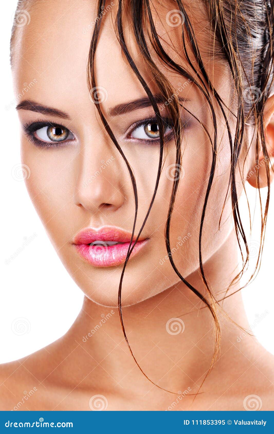 Beautiful Face Of A Woman With Dark Brown Eye Makeup Stock