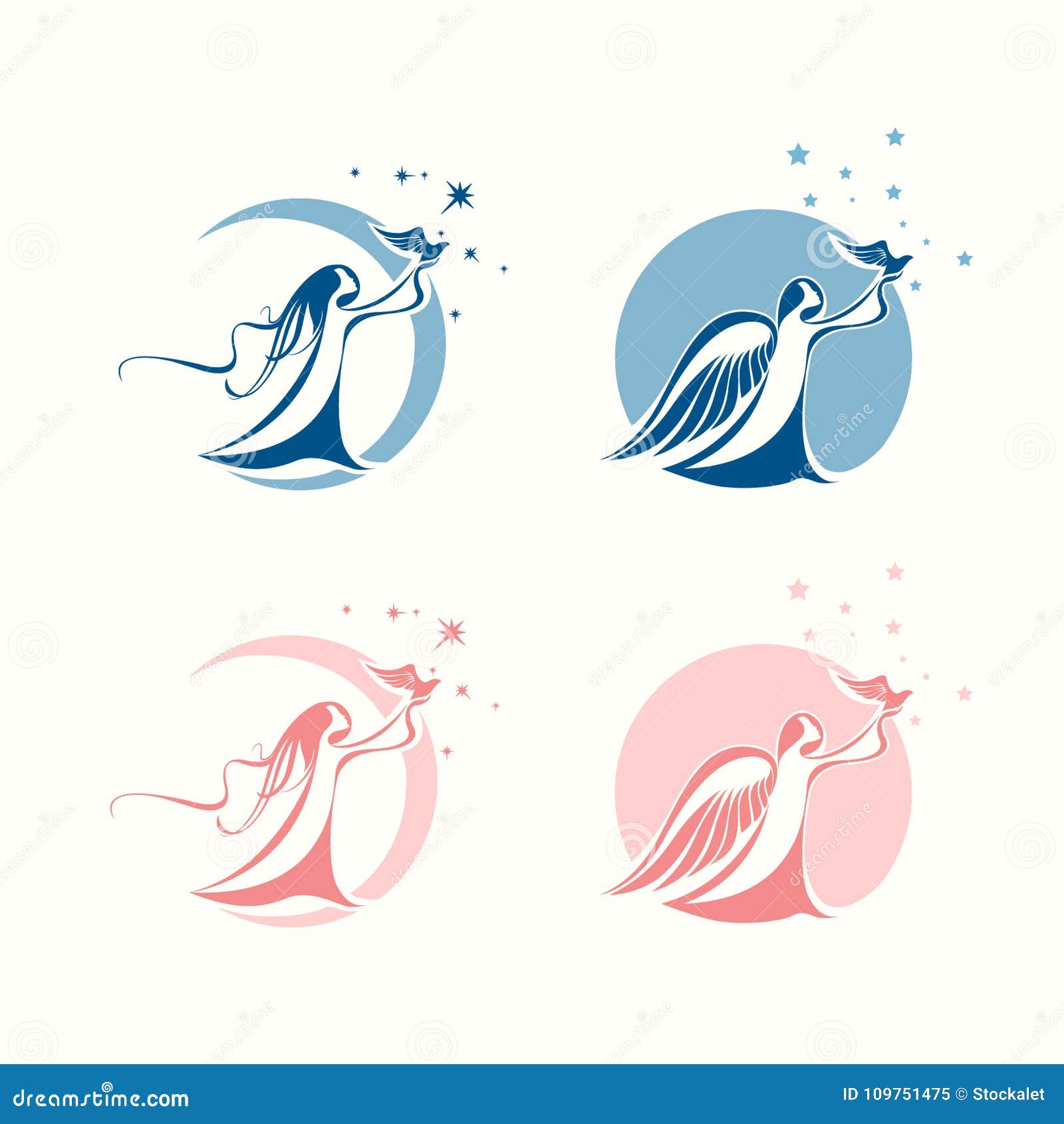 Beautiful Fairies And Angels Set With Wings Birds Moon And Stars Stock Vector Illustration Of Curved Creatures