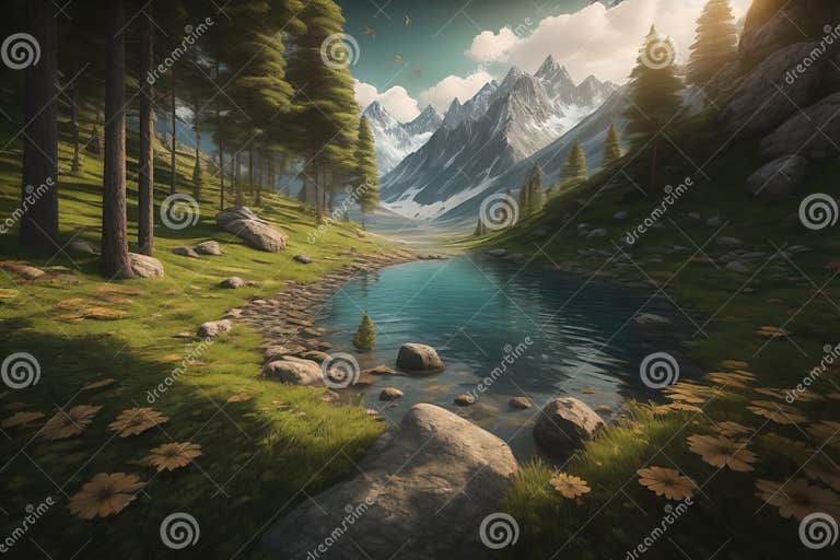 Beautiful Fantasy Landscape with a River in the Mountains. Ai ...