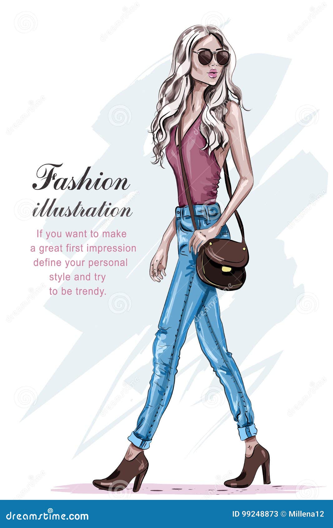 beautiful fashion model with blonde hair. hand drawn stylish young woman walking.
