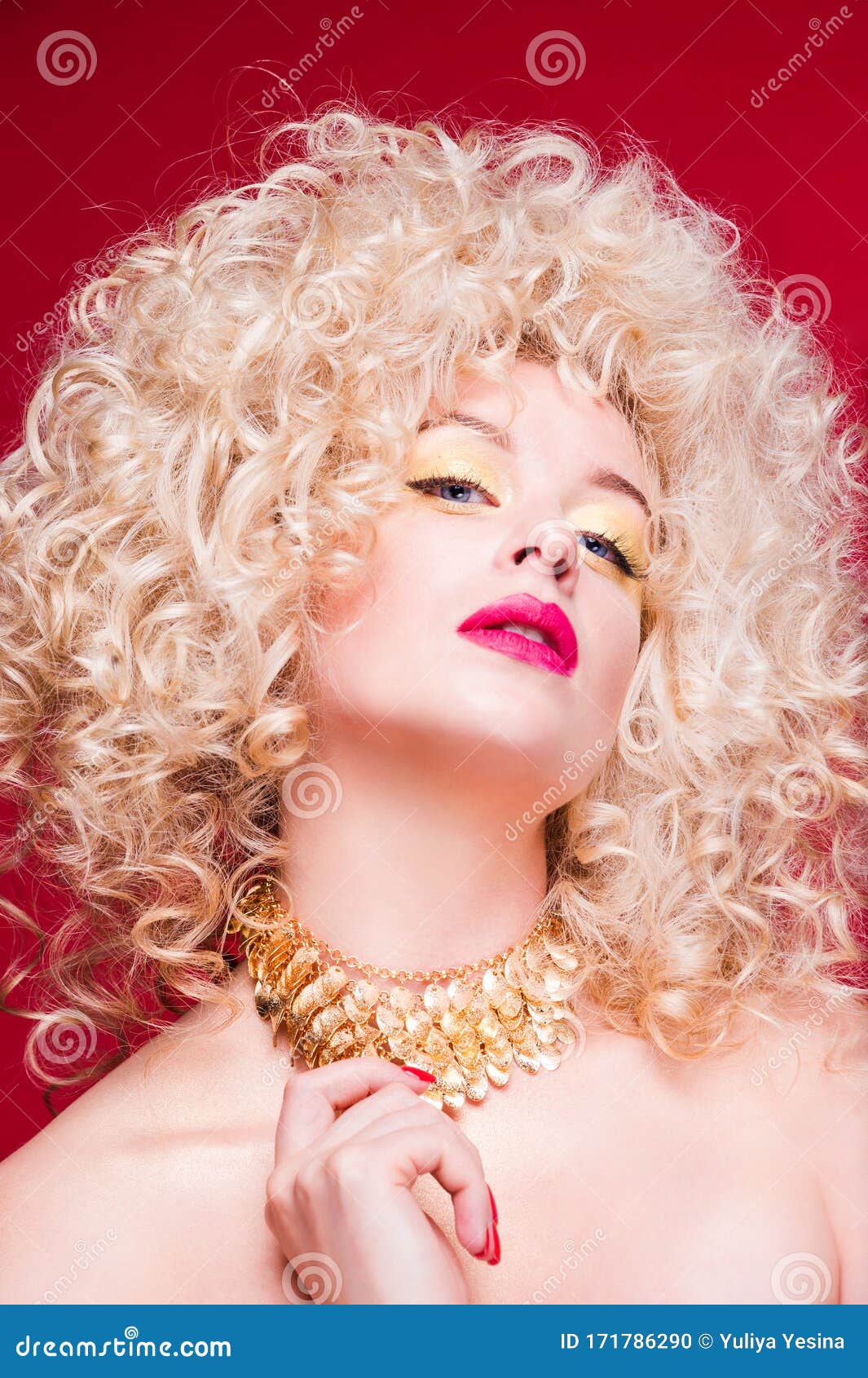 Beautiful Fashionable Blonde Girl In Retro Style With Voluminous Curly Hairstyle Bare Shoulders