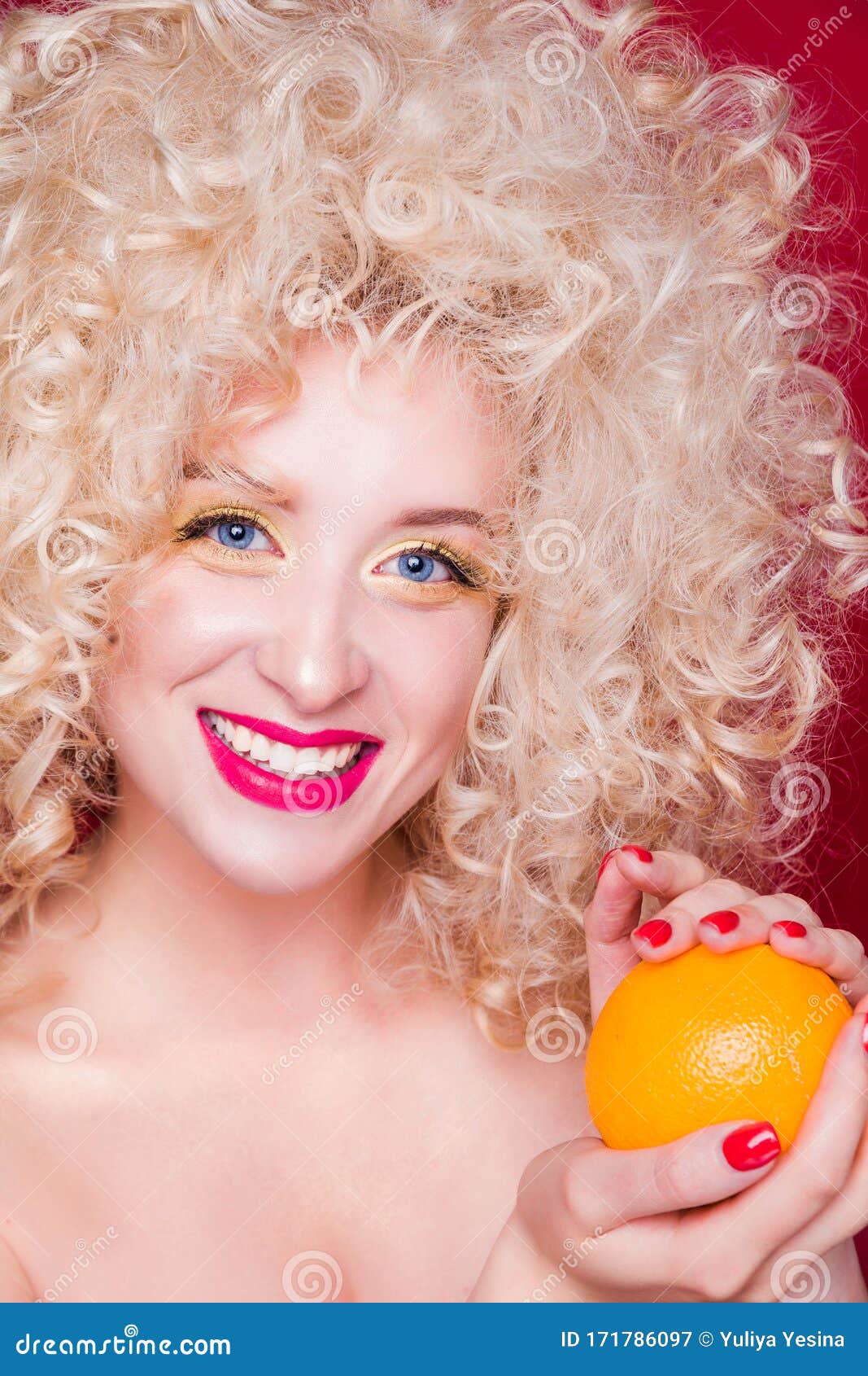 Beautiful Fashionable Blonde Girl In Retro Style With Voluminous Curly Hairstyle Bare Shoulders