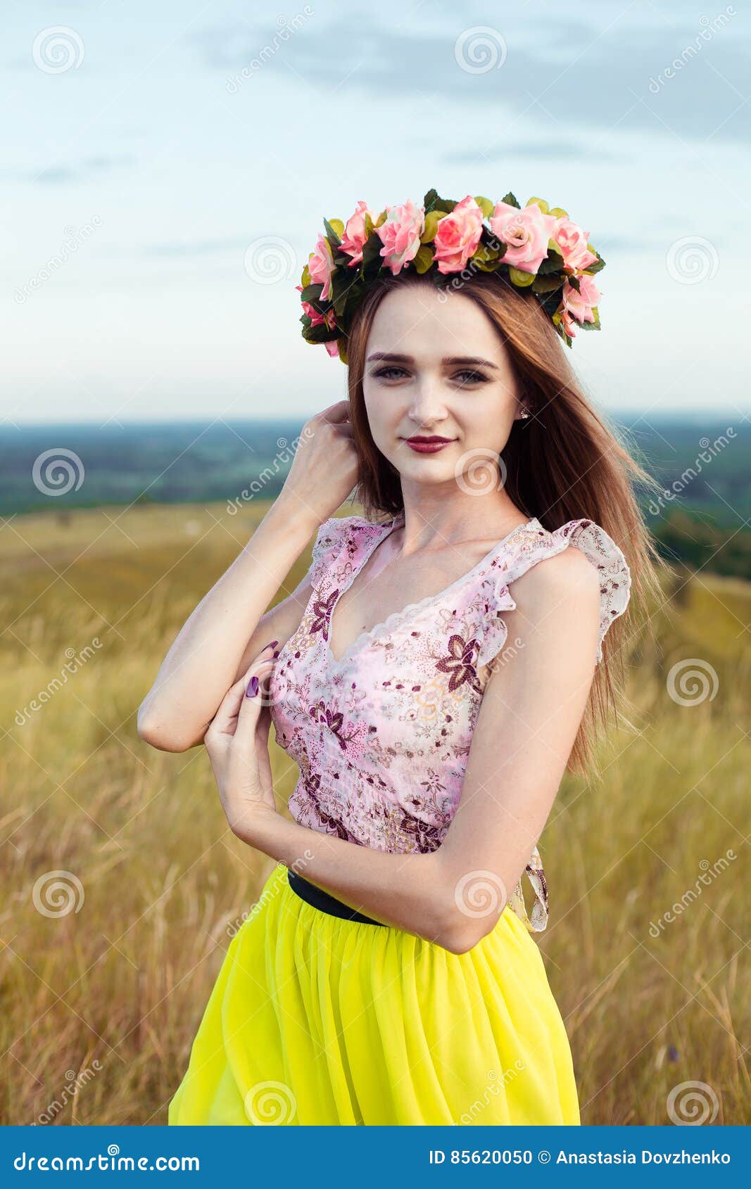 Beautiful Fashionable Pretty Gorgeous Girl In Dress On The Flowers Field Nice Girl With Wreath Of Flowers On Her Head And Bouquet Stock Photo Image Of Cute Cosmetics 85620050