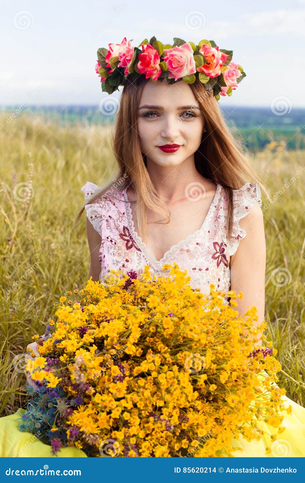 Beautiful Fashionable Pretty Gorgeous Girl in Dress on the Flowers ...