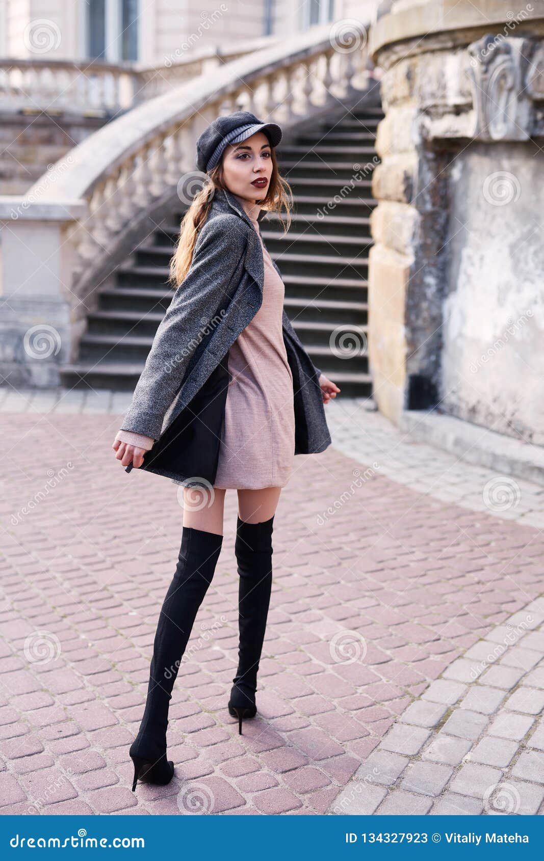 Beautiful Fashionable Woman in Gray Coat and Black Knee High Heel Boots ...