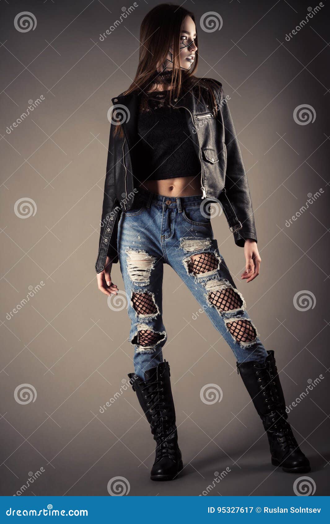 Beautiful Fashionable Teenager Girl In Leather Jacket And Torn Jeans Stock Image Image Of