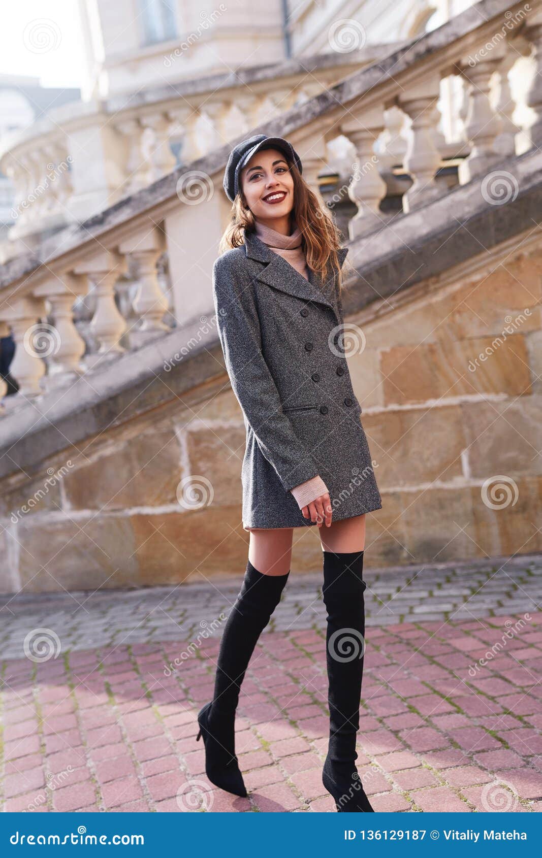 Beautiful Fashionable Woman in Gray Coat and Black Knee High Heel Boots ...