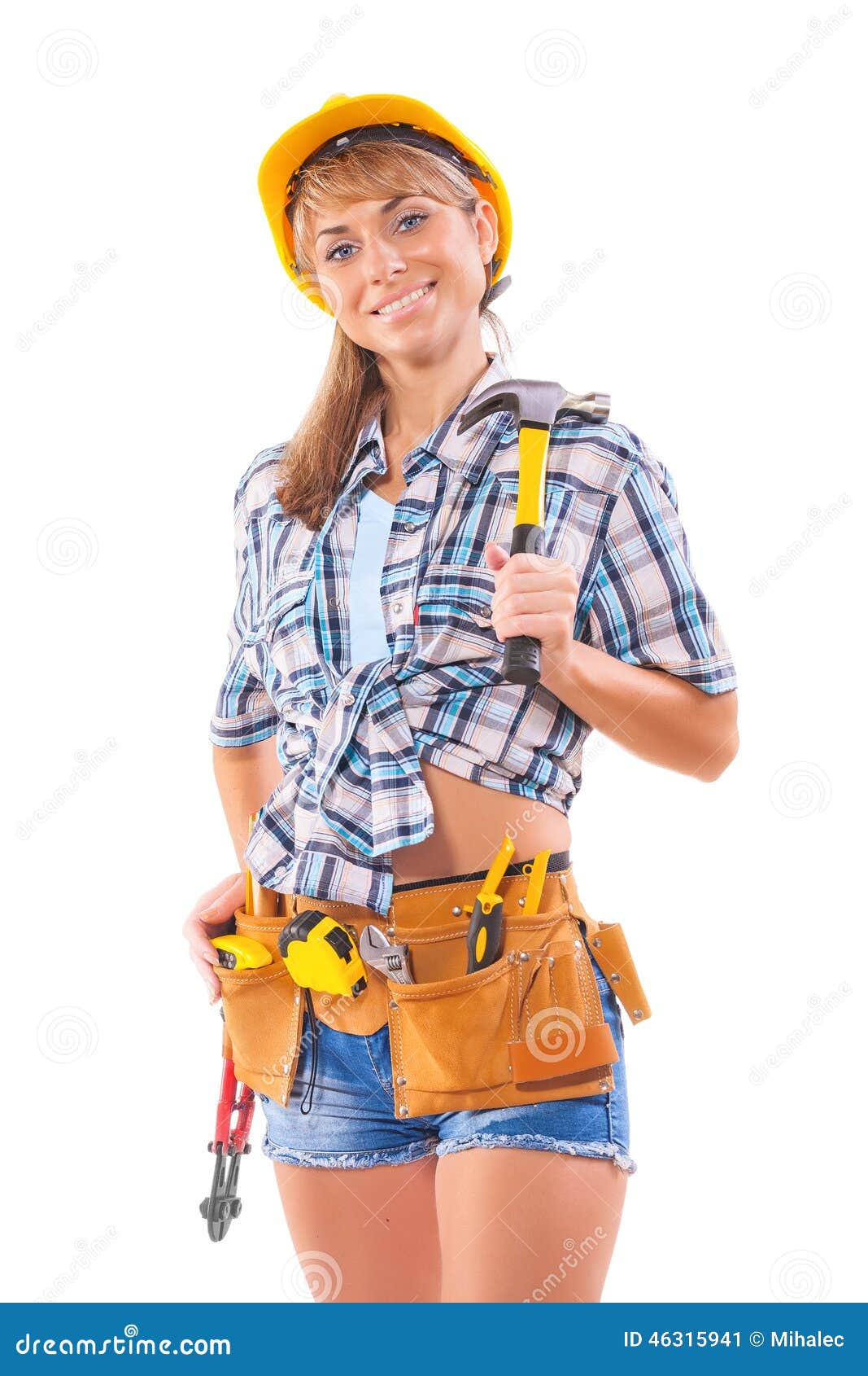 Beautiful Female Construction Worker Holding Claw Hammer