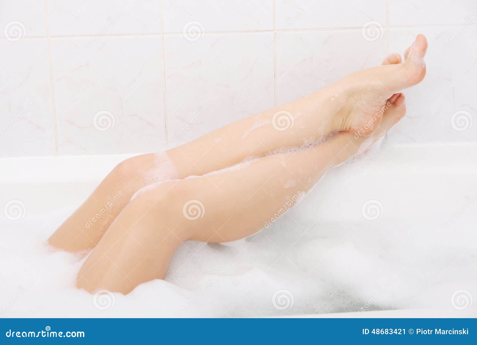 Beautiful Female Legs in Bathtub with Foam Stock Image Image of