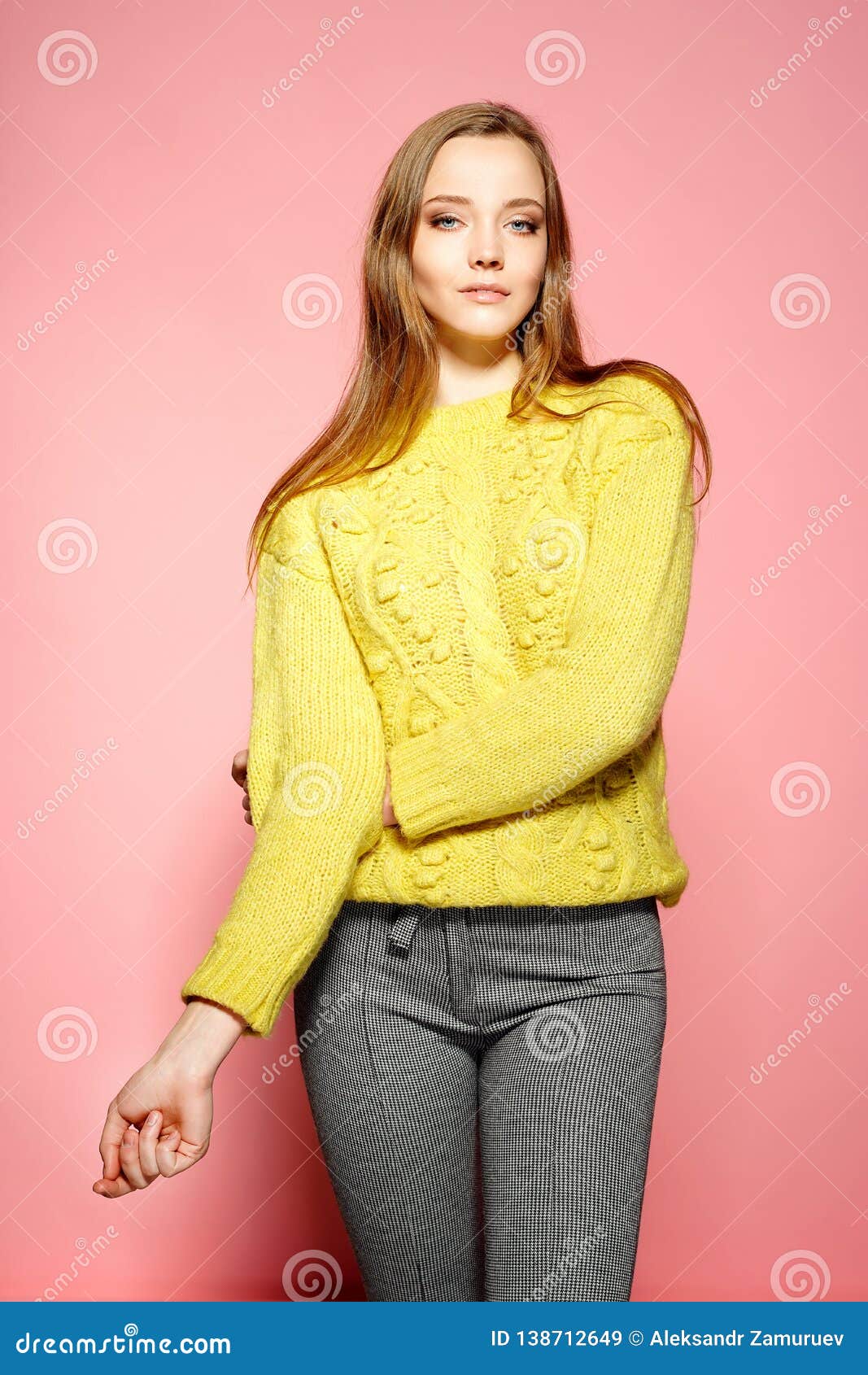 Beautiful Female Model Wears Casual Comfrotable Sweater, Poses Against ...