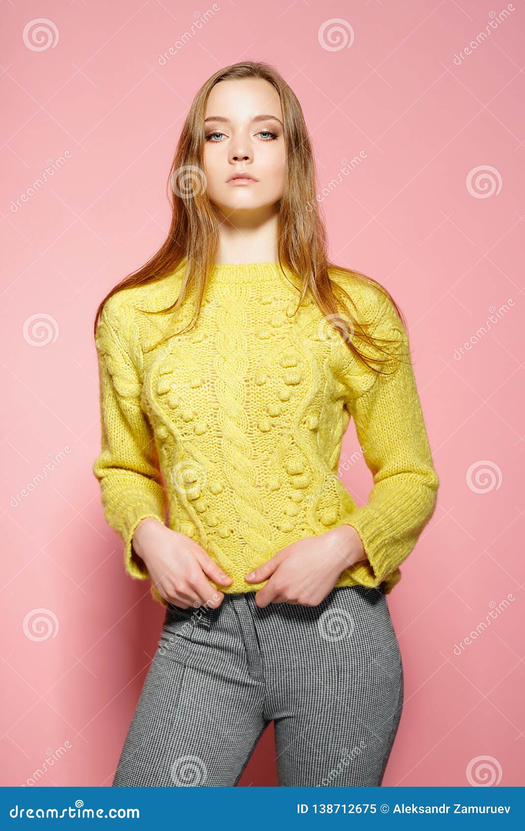 Beautiful Female Model Wears Casual Comfrotable Sweater, Poses Against ...