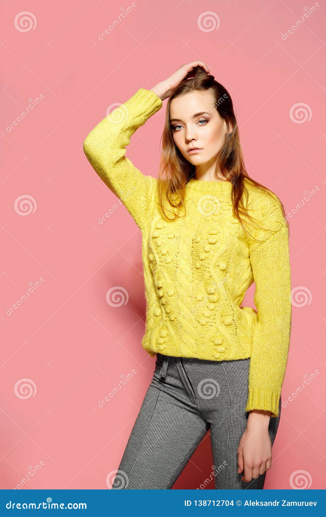 Beautiful Female Model Wears Casual Comfrotable Sweater, Poses Against ...