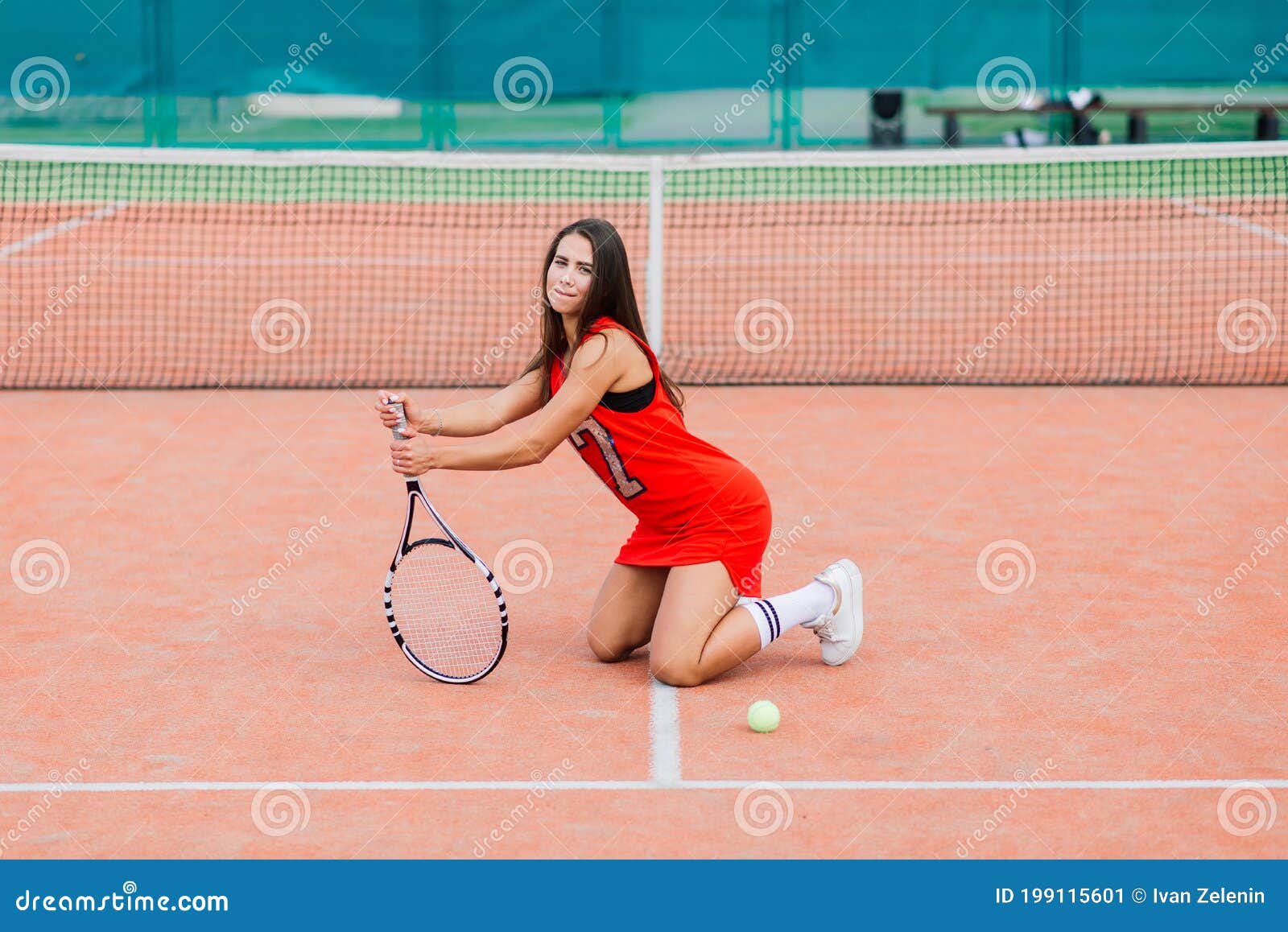 Beautiful Female Tennis Player On Tennis Court Red Dress Stock Image Image Of Leisure Dress