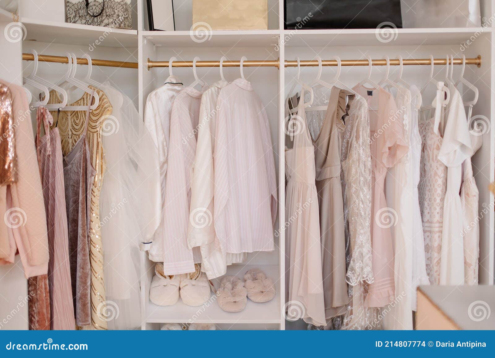 Beautiful Female Wardrobe. a Lot of Party Dresses Stock Photo