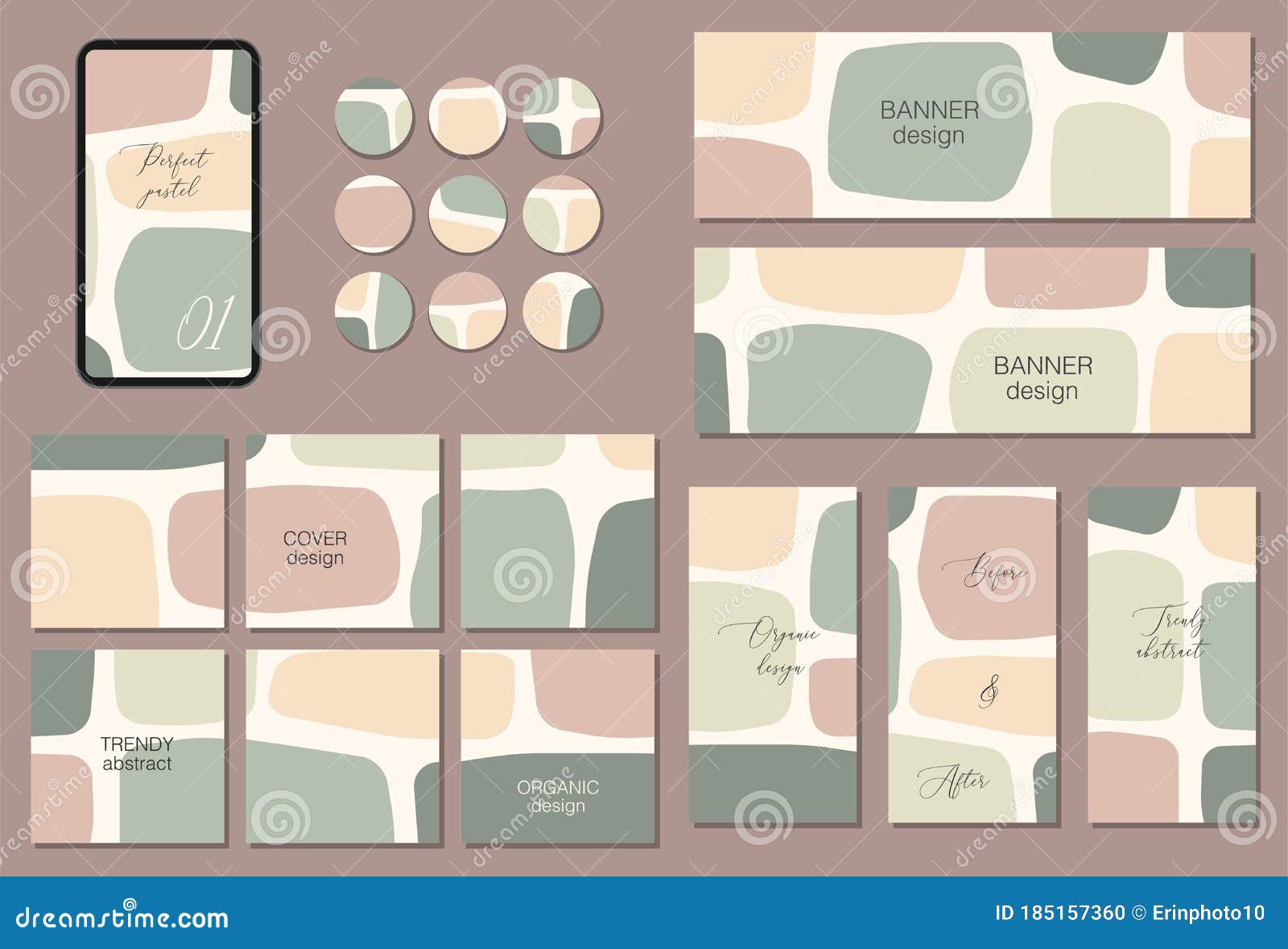 beautiful feminine set of square, vertical, horizontal and circle social media templates with abstract organic s