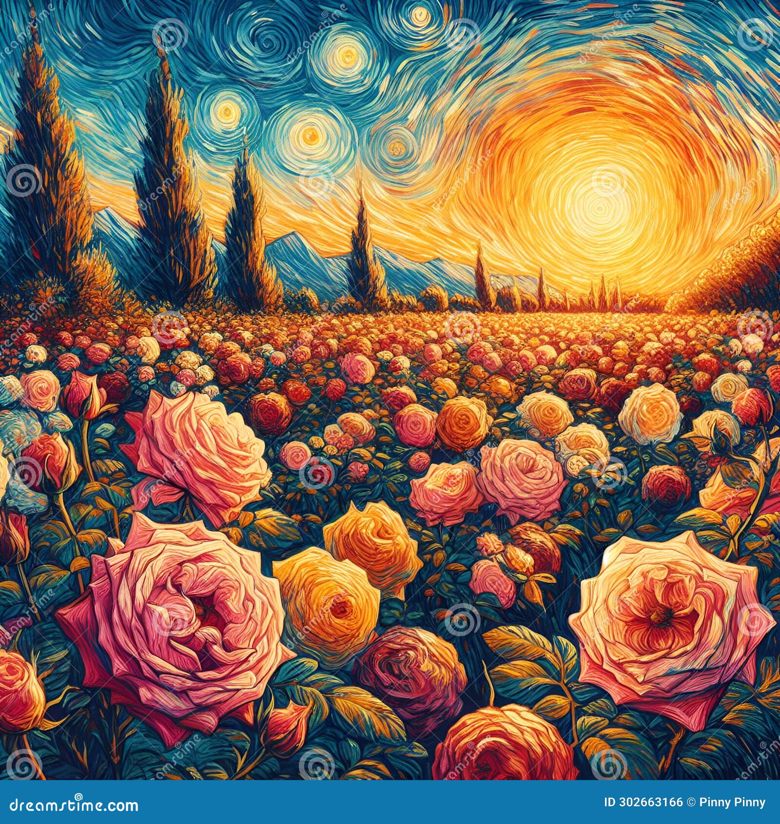 a beautiful field of rose flower, with sunset retro, tree, sky and clouds, in a painting of van gogh style, nature view art