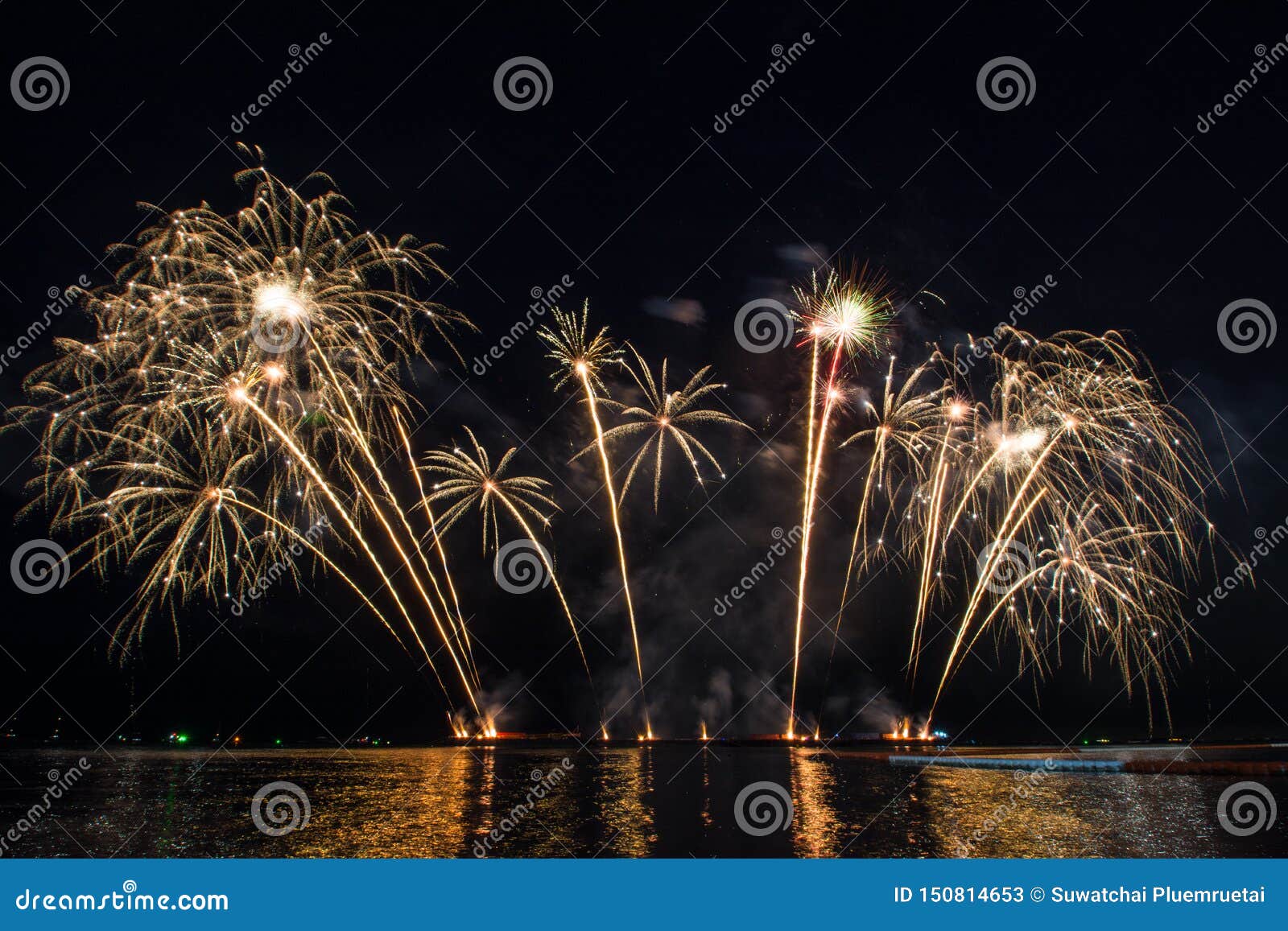 Firework Display for Celebration Over the Sea Stock Image Image of