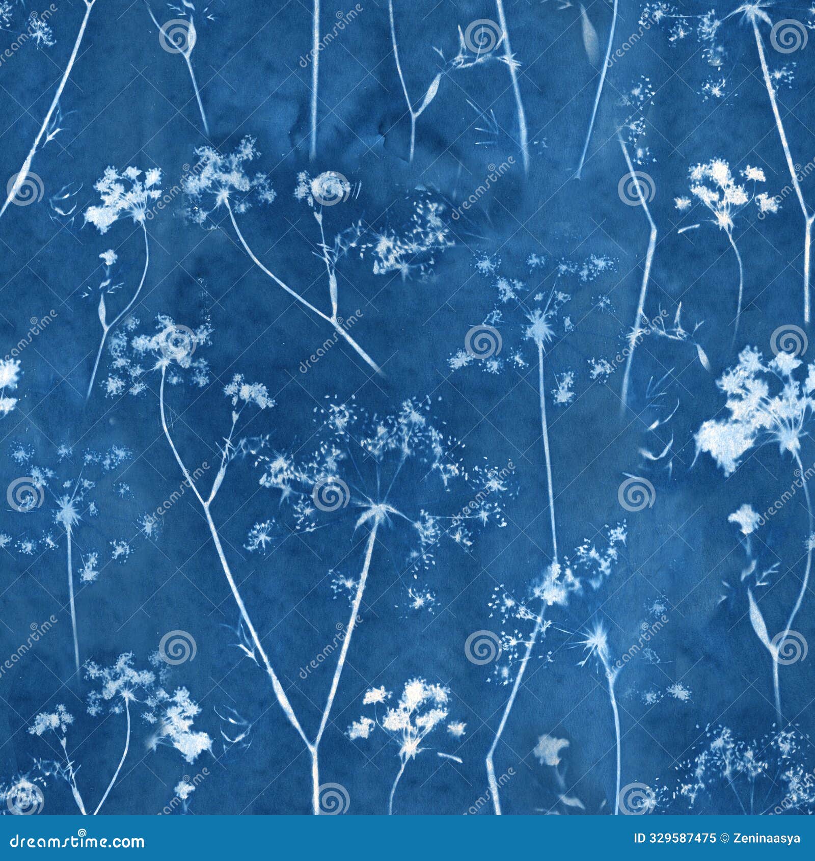 beautiful floral abstract seamless pattern in cyanotype style with silhouette of flowers. abstract handmade print . stock