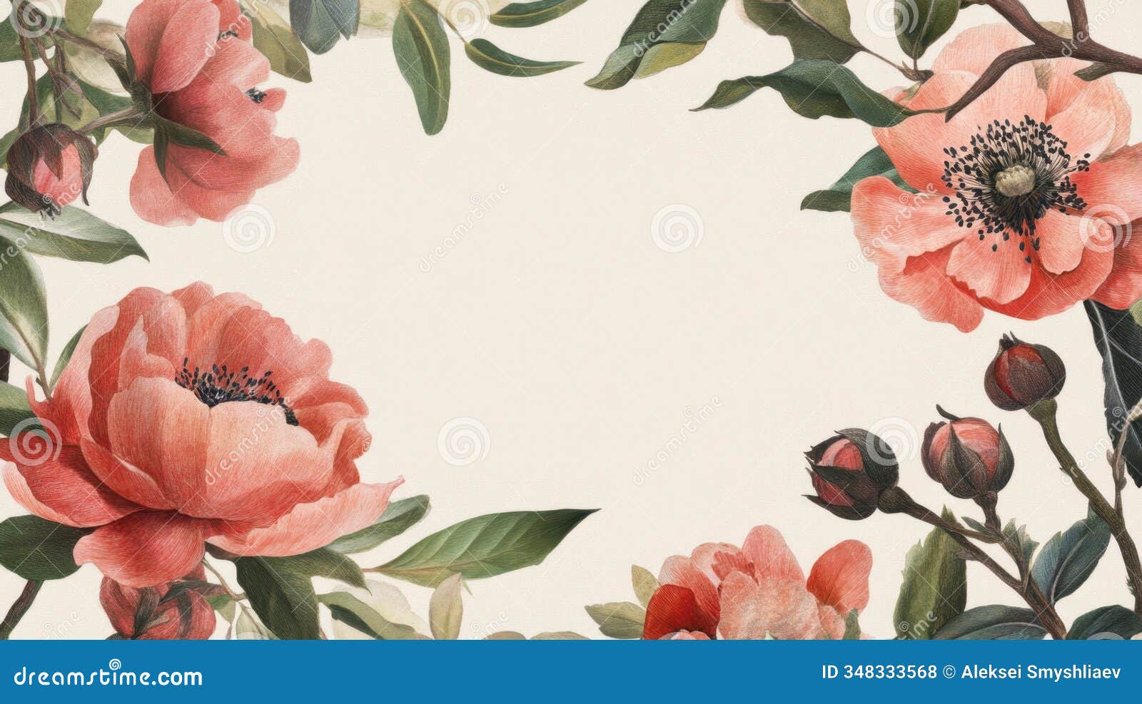 beautiful floral watercolor border with pink blossoms and greenery