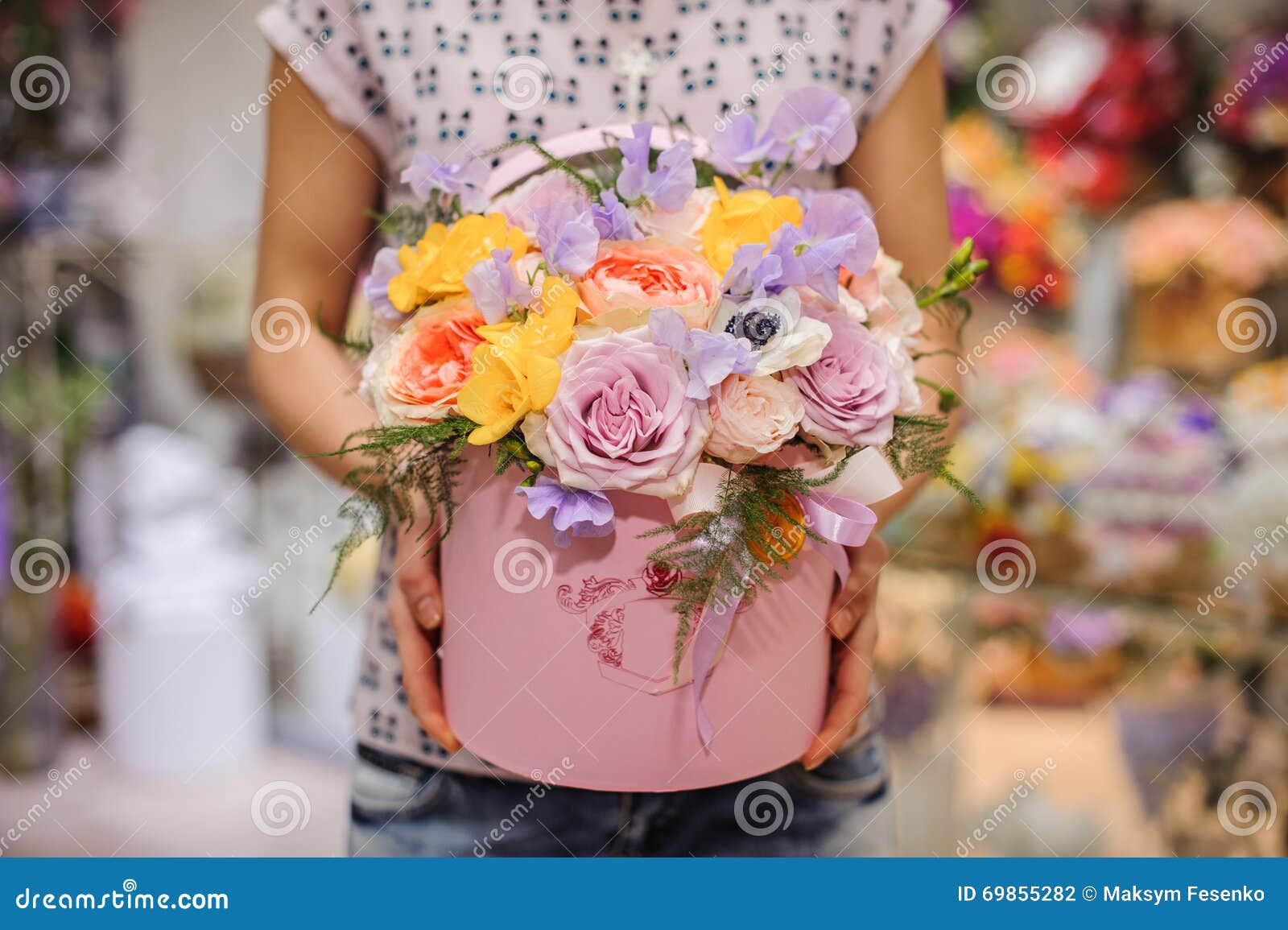 Beautiful Flower Bouquet in Round Box with Lid Stock Photo Image of