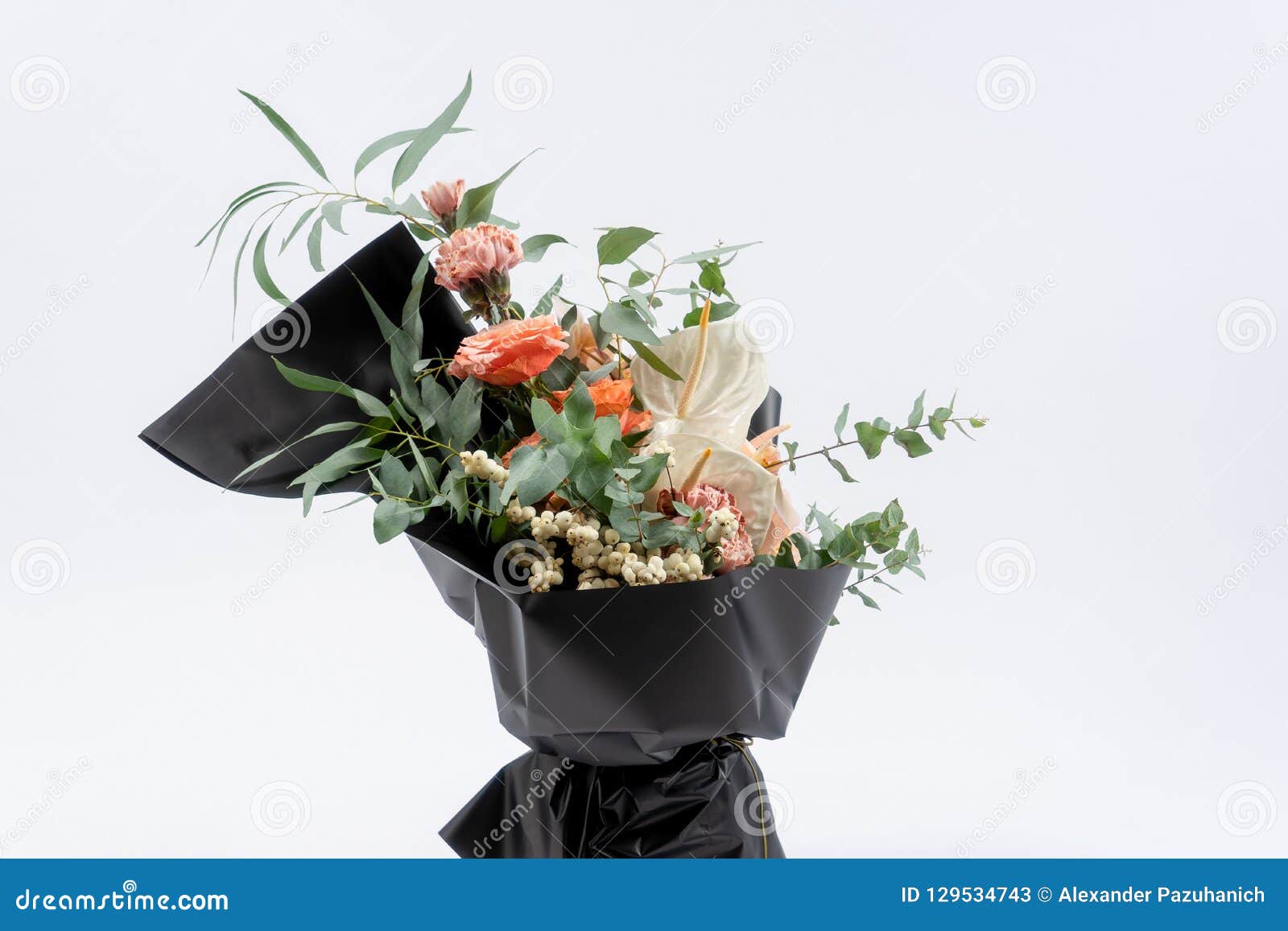 Beautiful Flowers Bouquet in Black Mate Paper. Roses and Pink Carnation.  White Background Stock Image - Image of beautiful, natural: 129534743