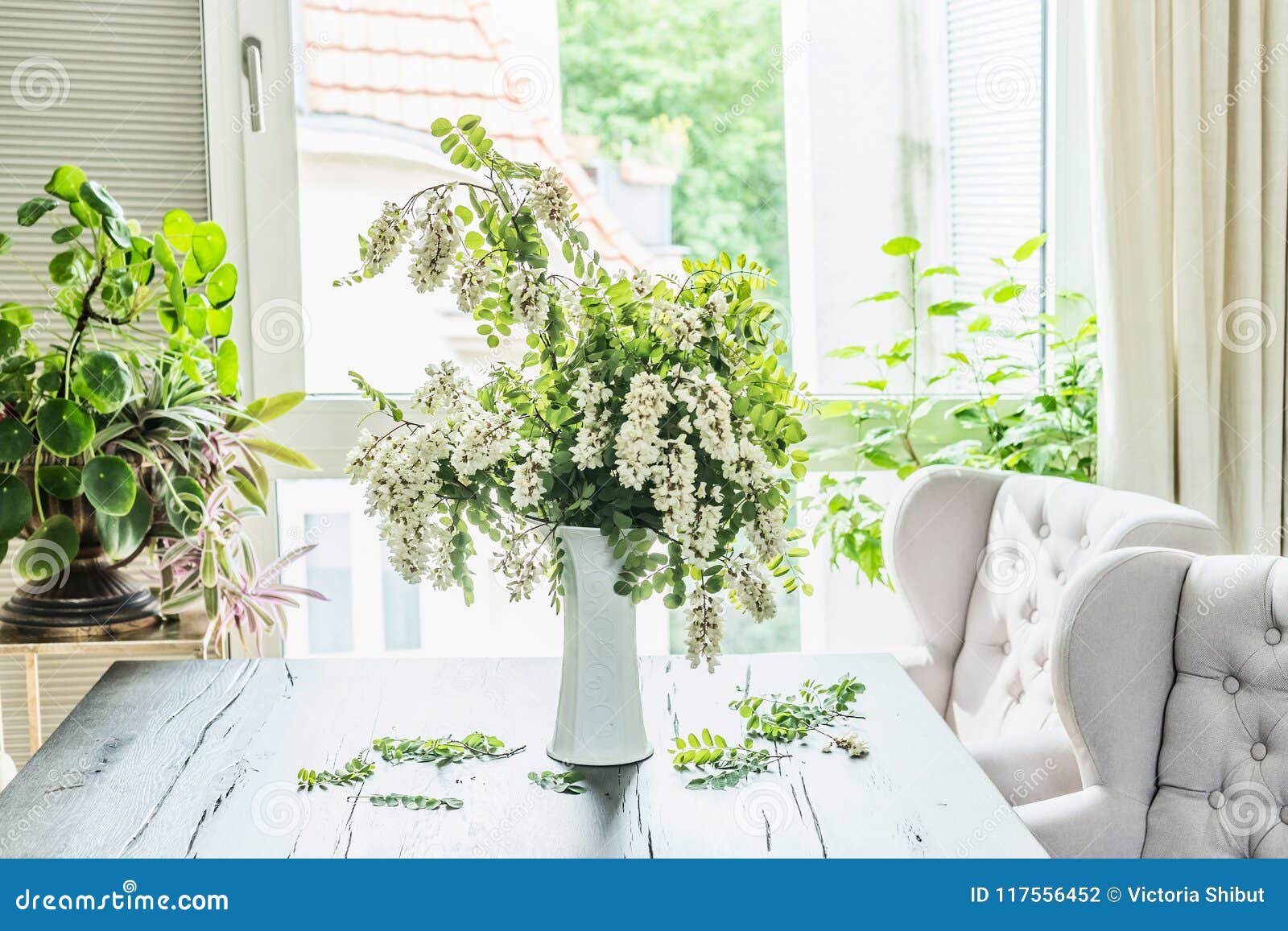 Beautiful Flowers Bunch With Blossom Acacia Branches In White Vase Beautiful Flowers Bunch With Blossom Acacia Branches In White Vase