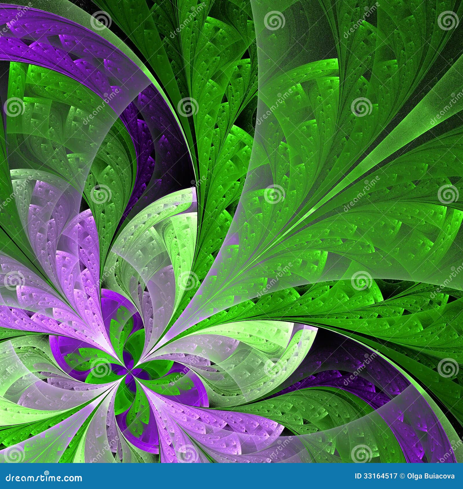 Beautiful Fractal Flower in Green and Purple. Stock Illustration