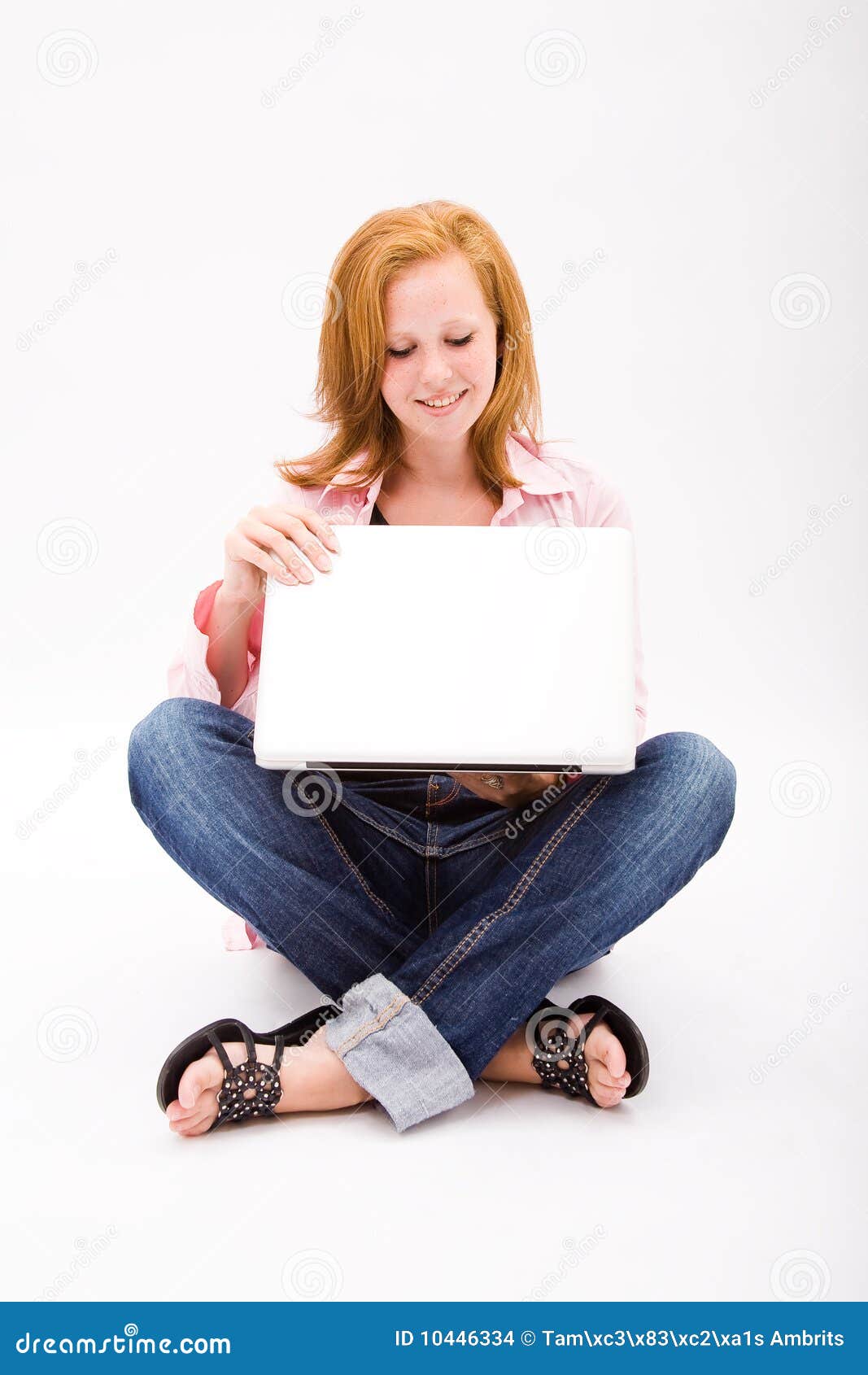 Beautiful Freckled Teen with Computer Stoc image picture