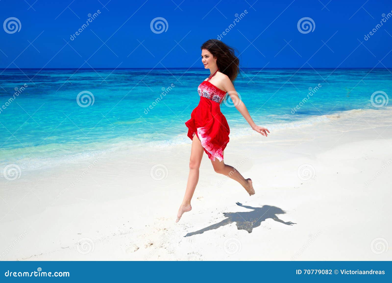 Beautiful Free Girl Running on Exotic Beach with White Sand and Stock ...