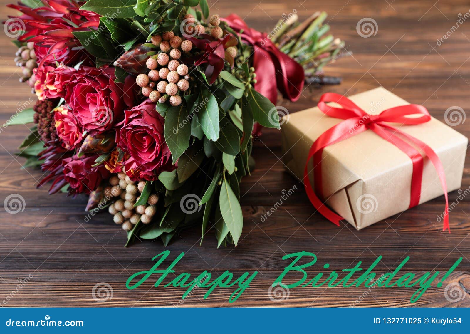 Beautiful Fresh Flower Arrangement of Red Roses, Gift Box and Text Wish,  Birthday Greeting Card Concept. Stock Image - Image of blossom, love:  132771025