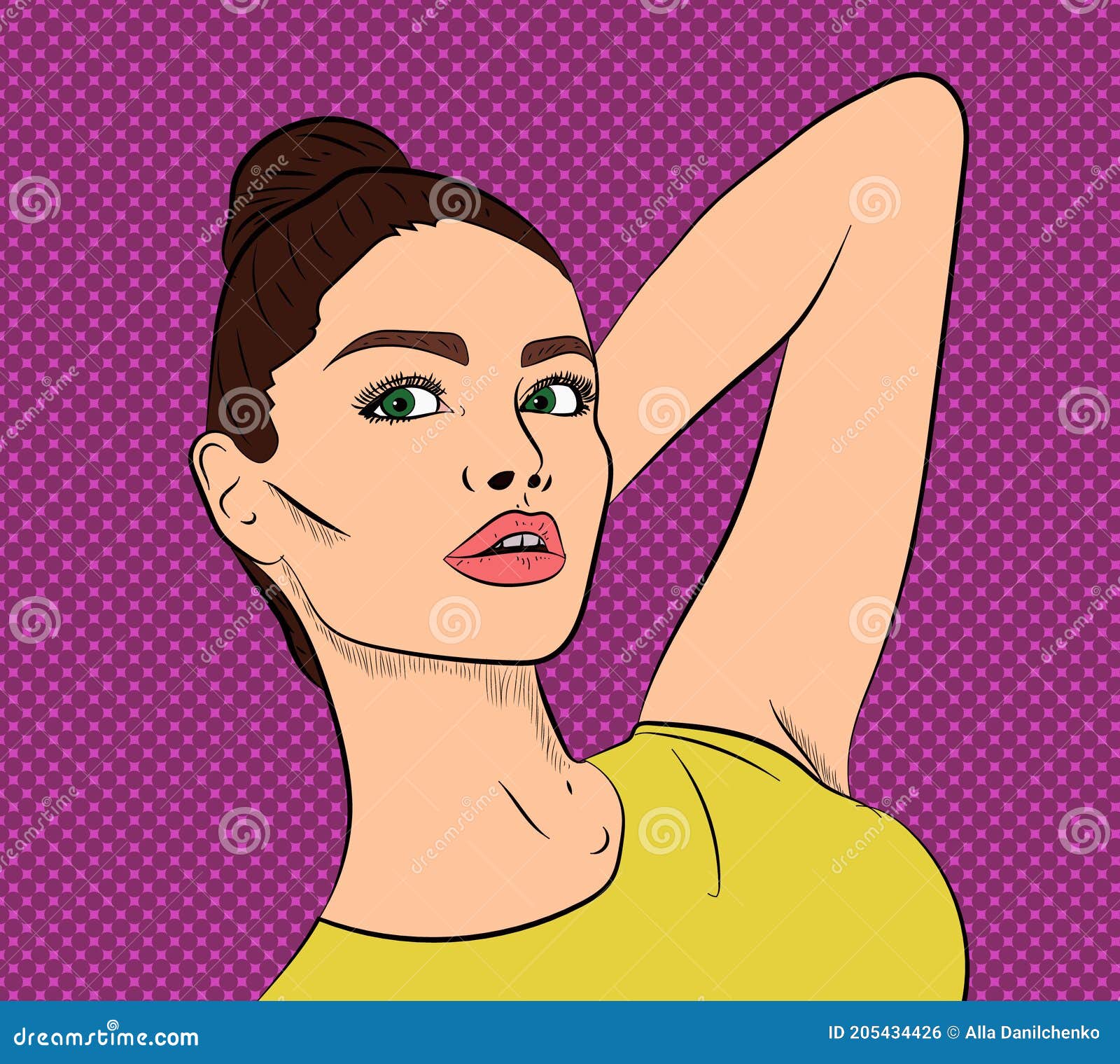Download Beautiful Friendly Young Girl With Hair Bun, Dark Hair. Pop Art Style Banner Stock Vector ...