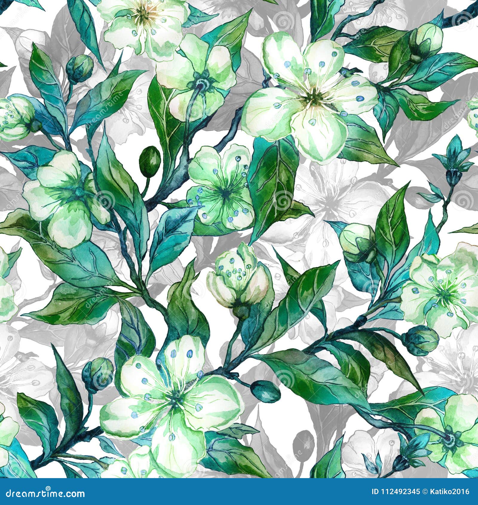 beautiful fruit tree twigs in bloom. white and green flowers with outlines on white background. seamless spring floral pattern.