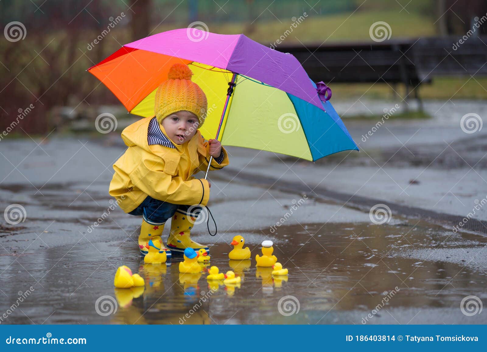 Beautiful Funny Blonde Toddler Boy with Rubber Ducks and Colorful ...