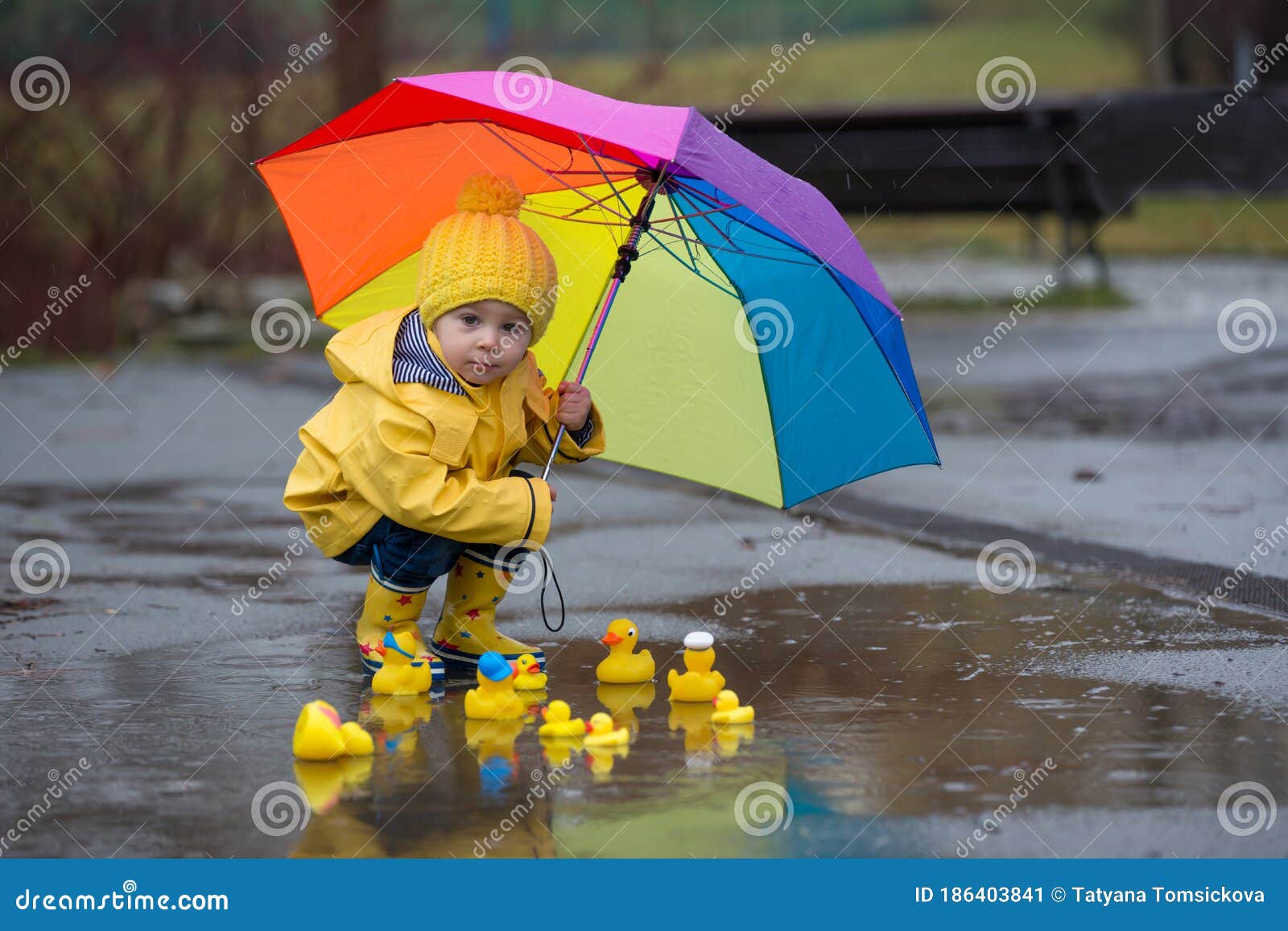 Beautiful Funny Blonde Toddler Boy with Rubber Ducks and Colorful ...