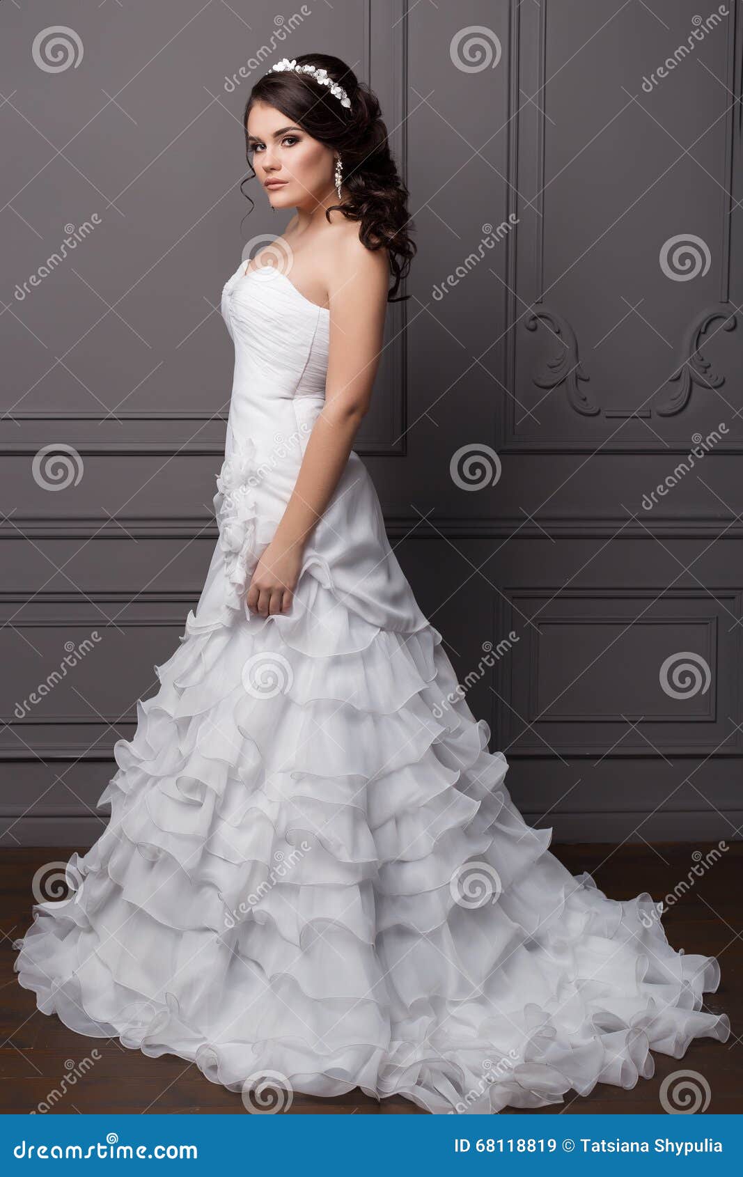 Beautiful Gentle Girl Groom in a Wedding Dress with Hairstyle and Make-up,  Hair Decorated with a Wreath of Flowers Stock Image - Image of female,  attractive: 68118819