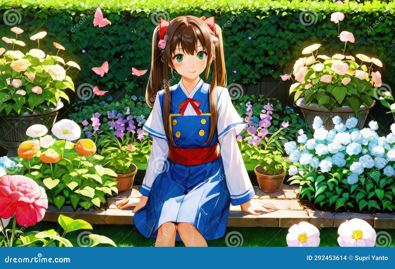 Beautiful Girl Anime in the Garden Environment with Assortment Plants ...