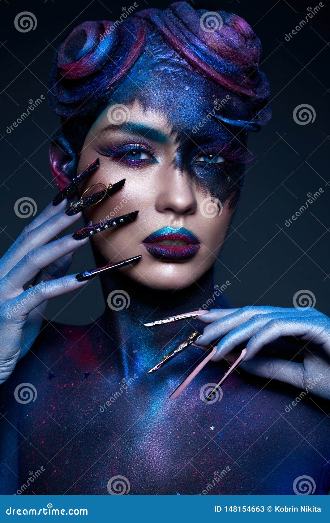 Beautiful Girl with Art Fashion Make Up, Creative Hairstyle, Long Nails.  Design Manicure. Beauty Face. Stock Image - Image of glamor, manicure:  148154663