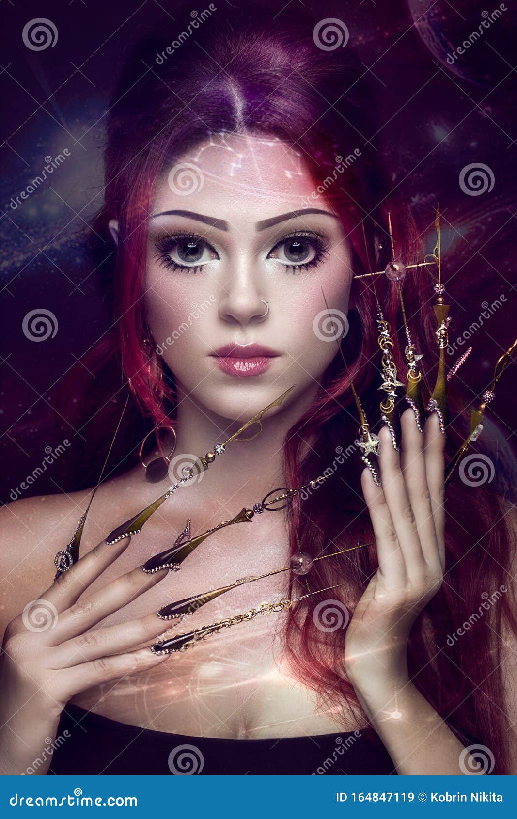 Beautiful Girl with Art Make Up in Anime Style, Creative Long Nails ...