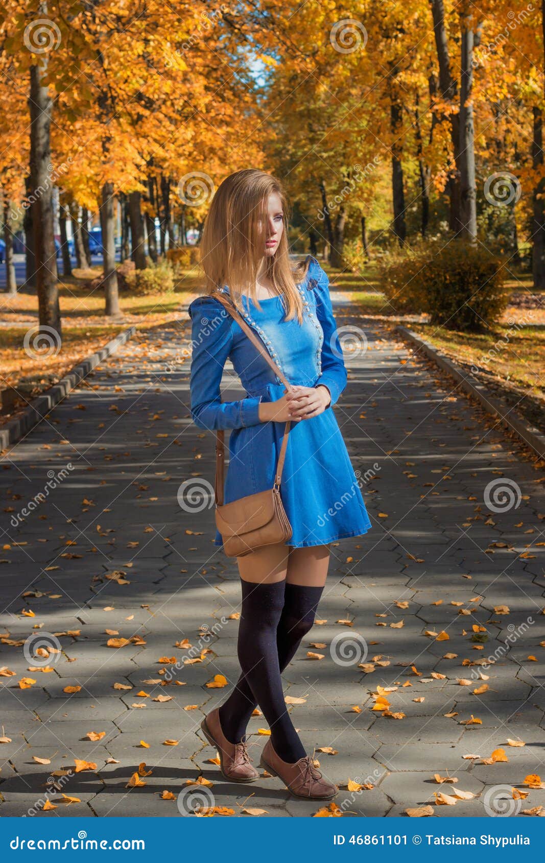 Beautiful Girl with a Bag in a Short Dress and Leggings Walking Along the  Path in Autumn Park Stock Image - Image of fall, lifestyle: 46861101