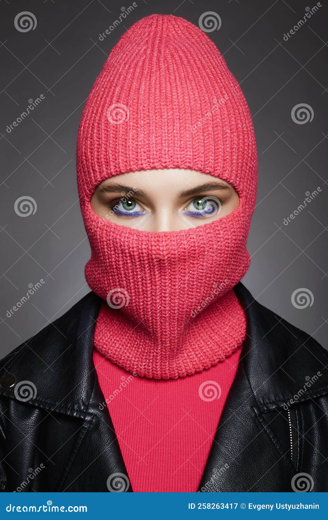 Beautiful Girl in Balaclava and Leather Coat Stock Image - Image of ...