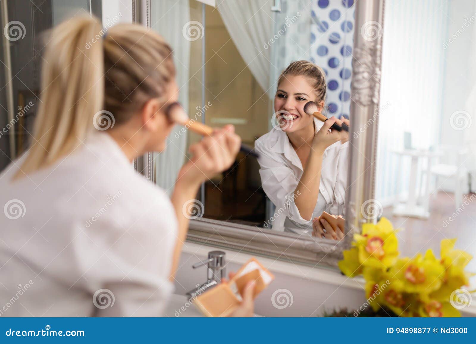 Beautiful Girl in Bathroom Applying Makeup Stock Image Image of