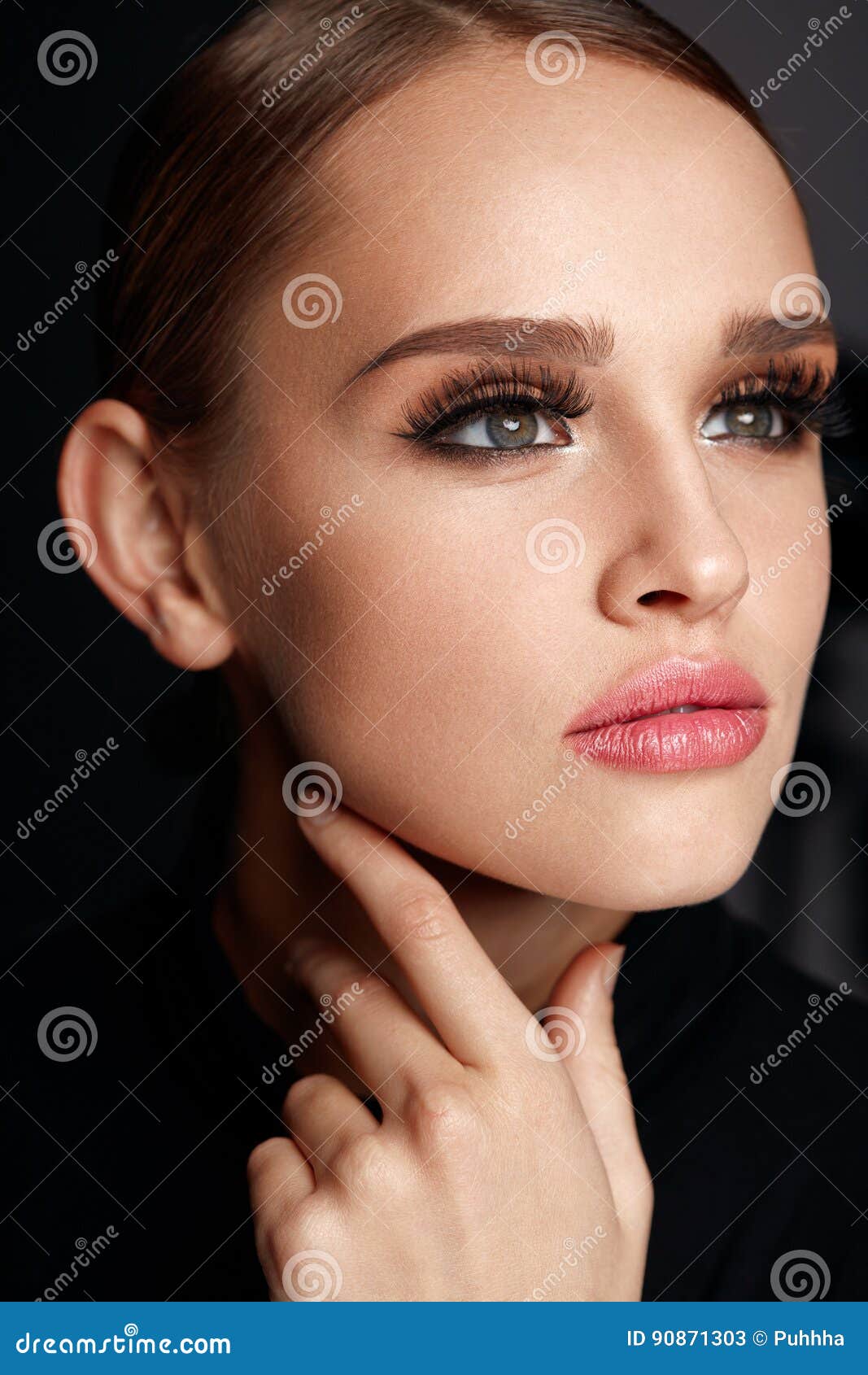 beautiful girl with beauty face, makeup and long black eyelashes