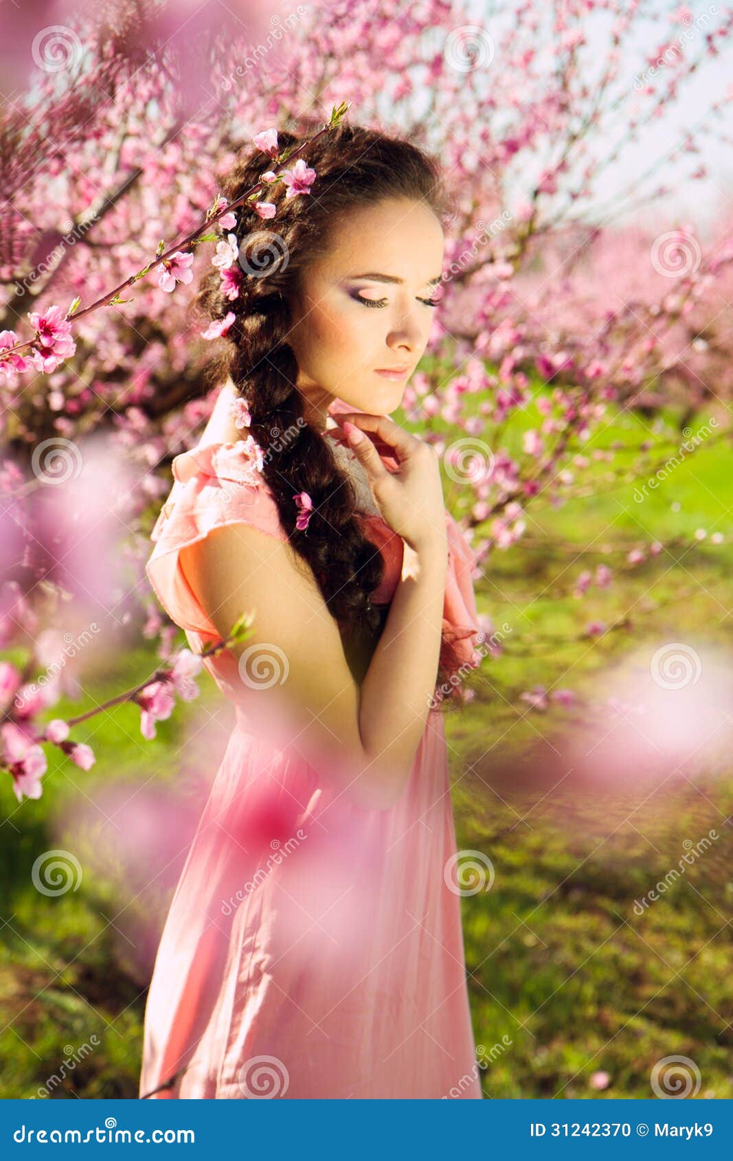 Beautiful Girl In Blossomy Garden Stock Photo - Image 