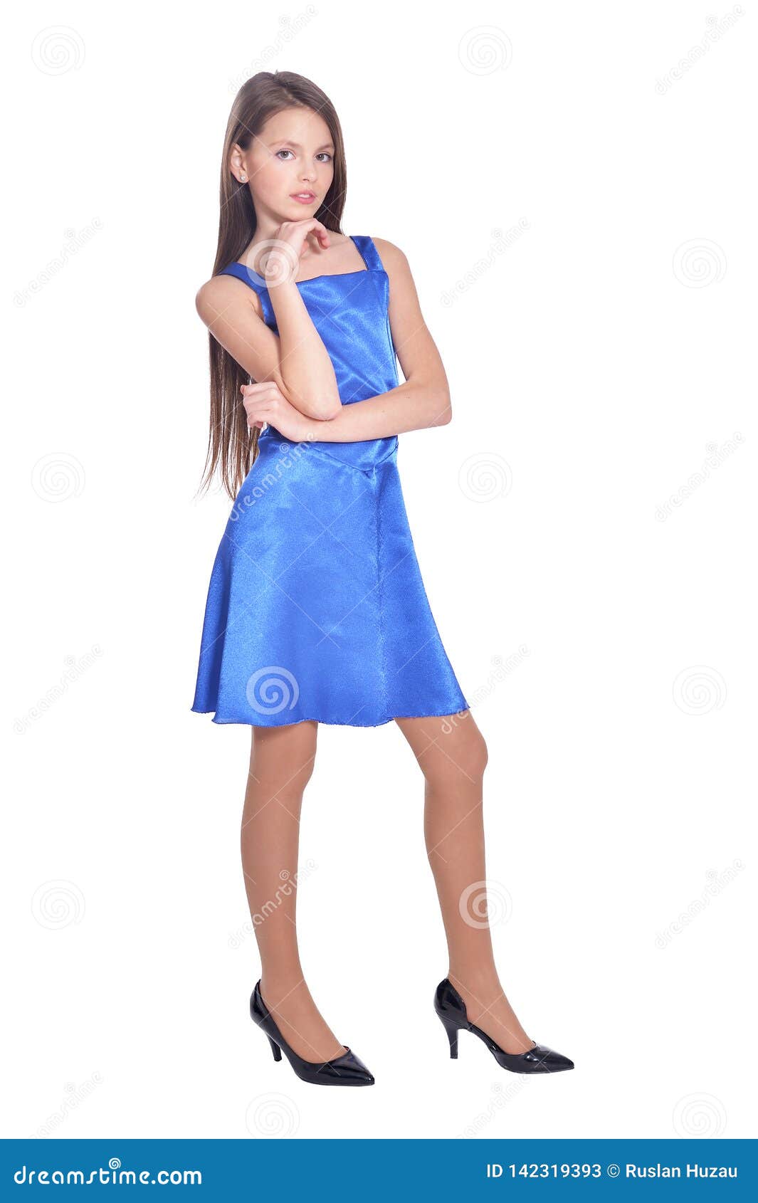 Portrait of Beautiful Girl in Blue Dress Posing Stock Image - Image of ...