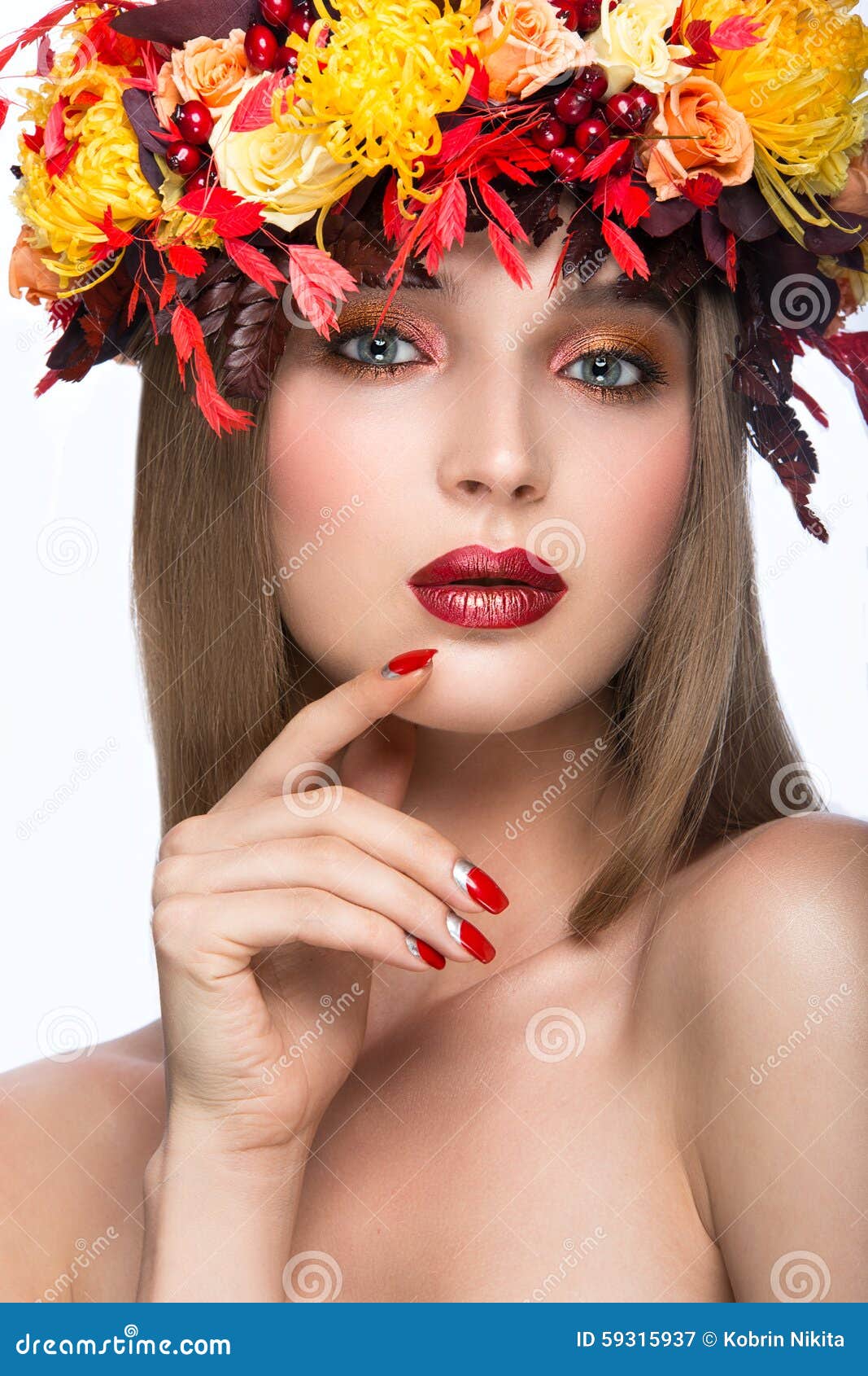 Beautiful Girl with Bright Autumn Wreath of Stock Image - Image of ...