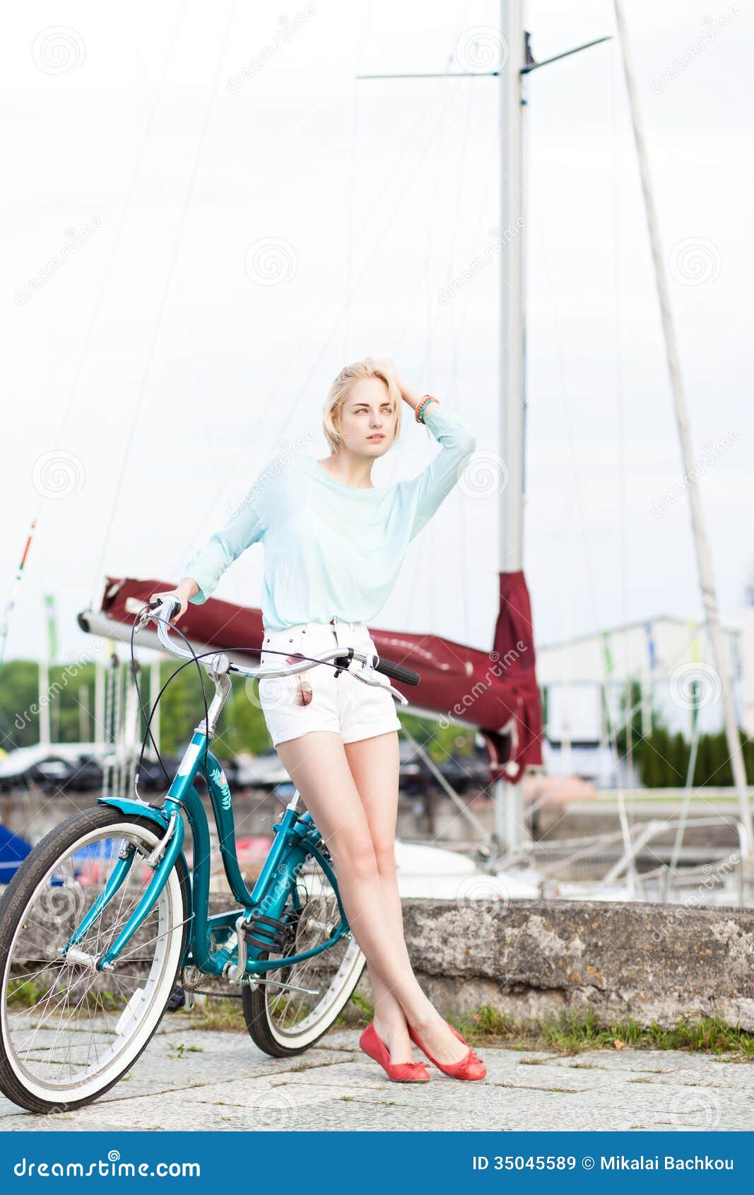 Beautiful Girl With City Bike At Sea Pier Stock Image 