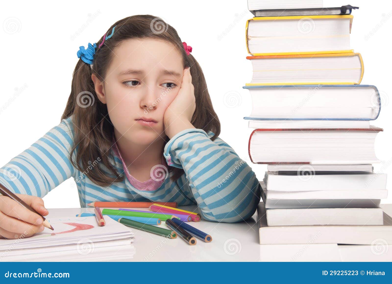beautiful girl with color pencils and books worried