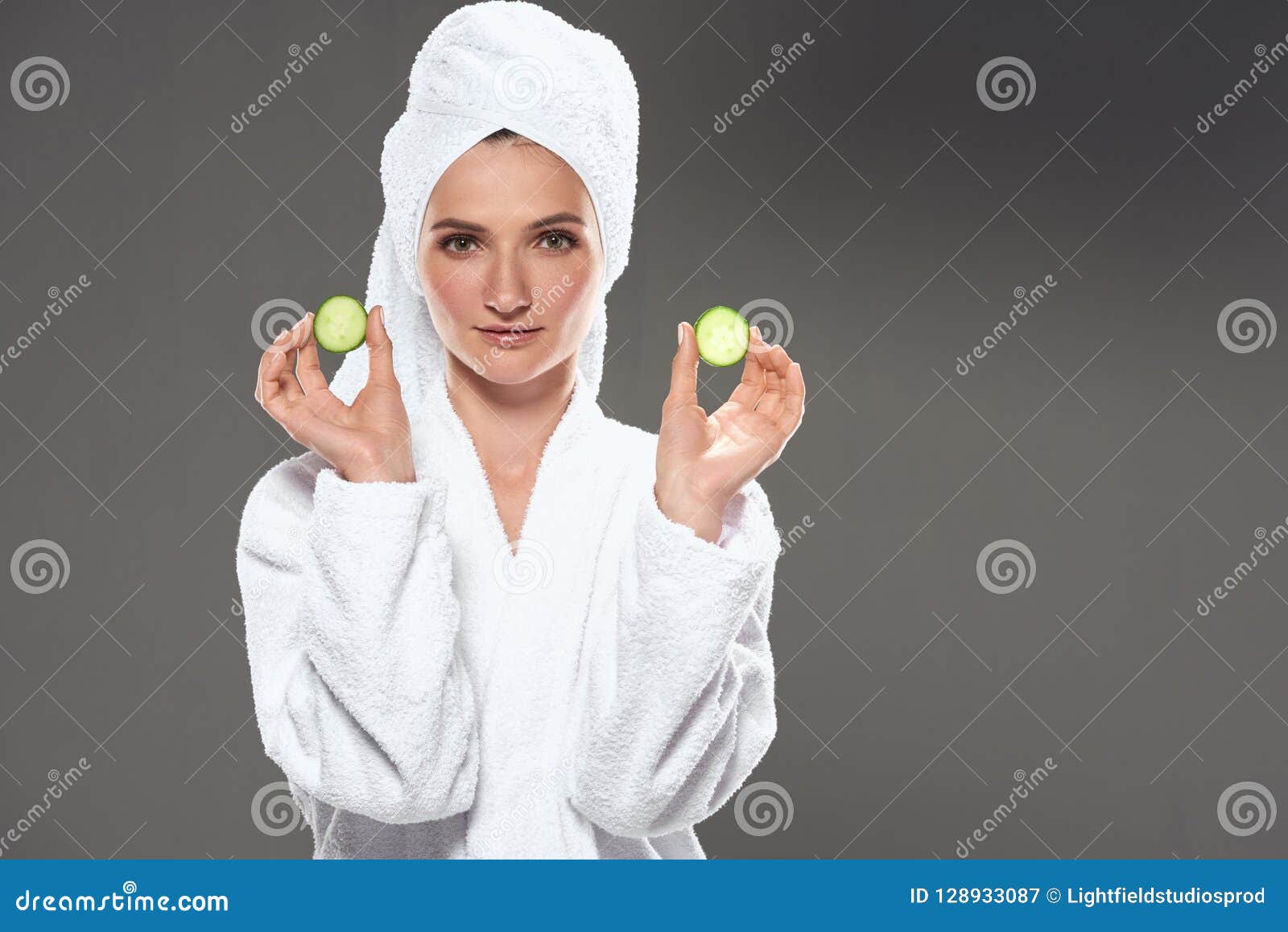 Beautiful Girl with Cucumber Slices in White Bathrobe and Towel Stock ...