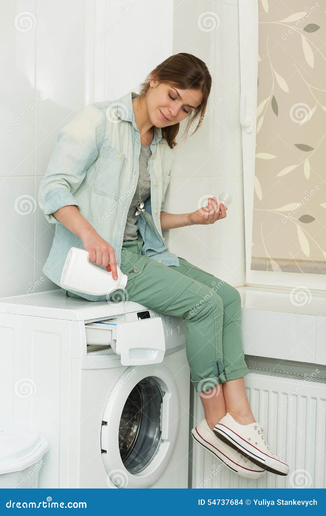 Beautiful Girl Doing Laundry Stock Photo Image of cheerful, sneakers