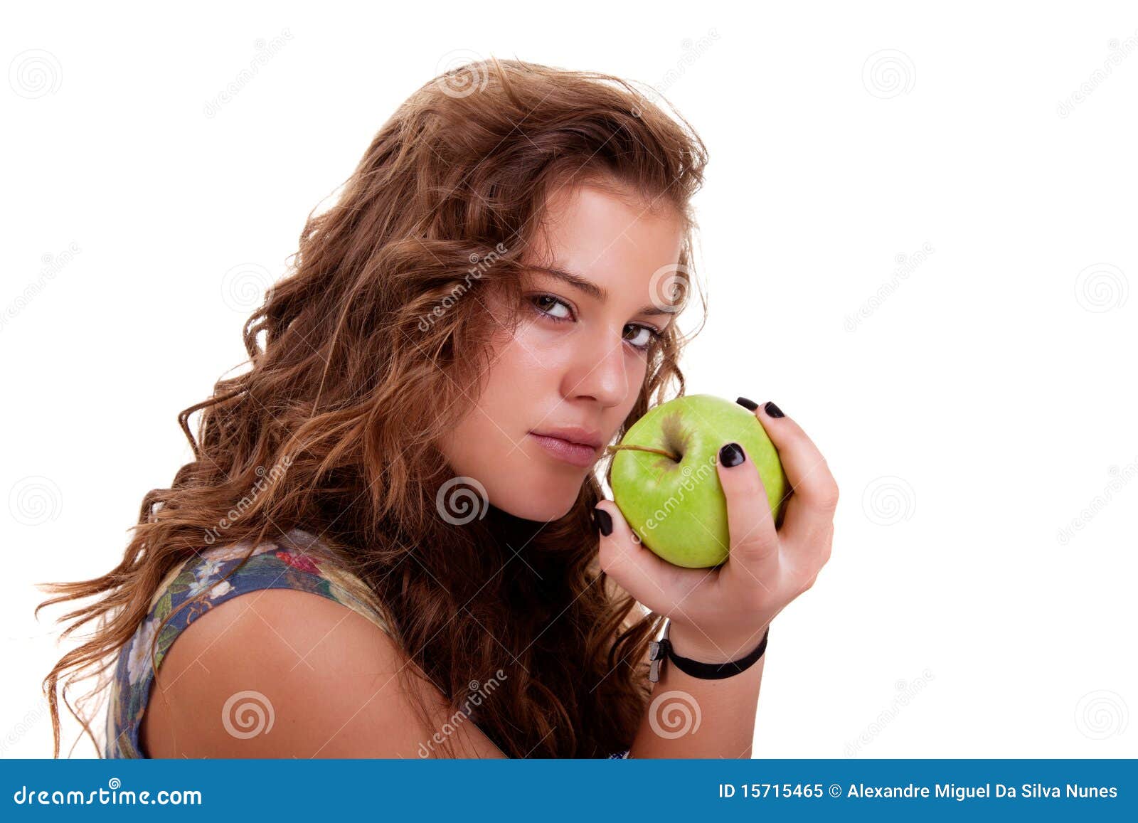 Beautiful Girl Eating A Green Apple Stock Image Image of isolate
